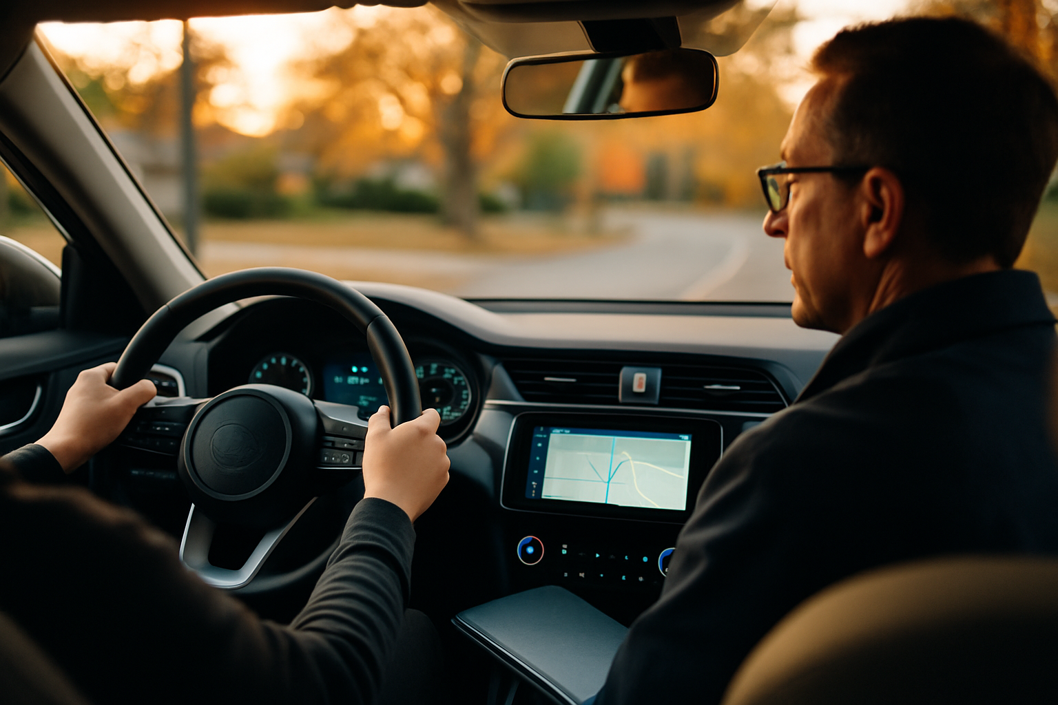 A calm driving student practicing on a quiet suburban road at golden hour, part of a driving confidence lesson