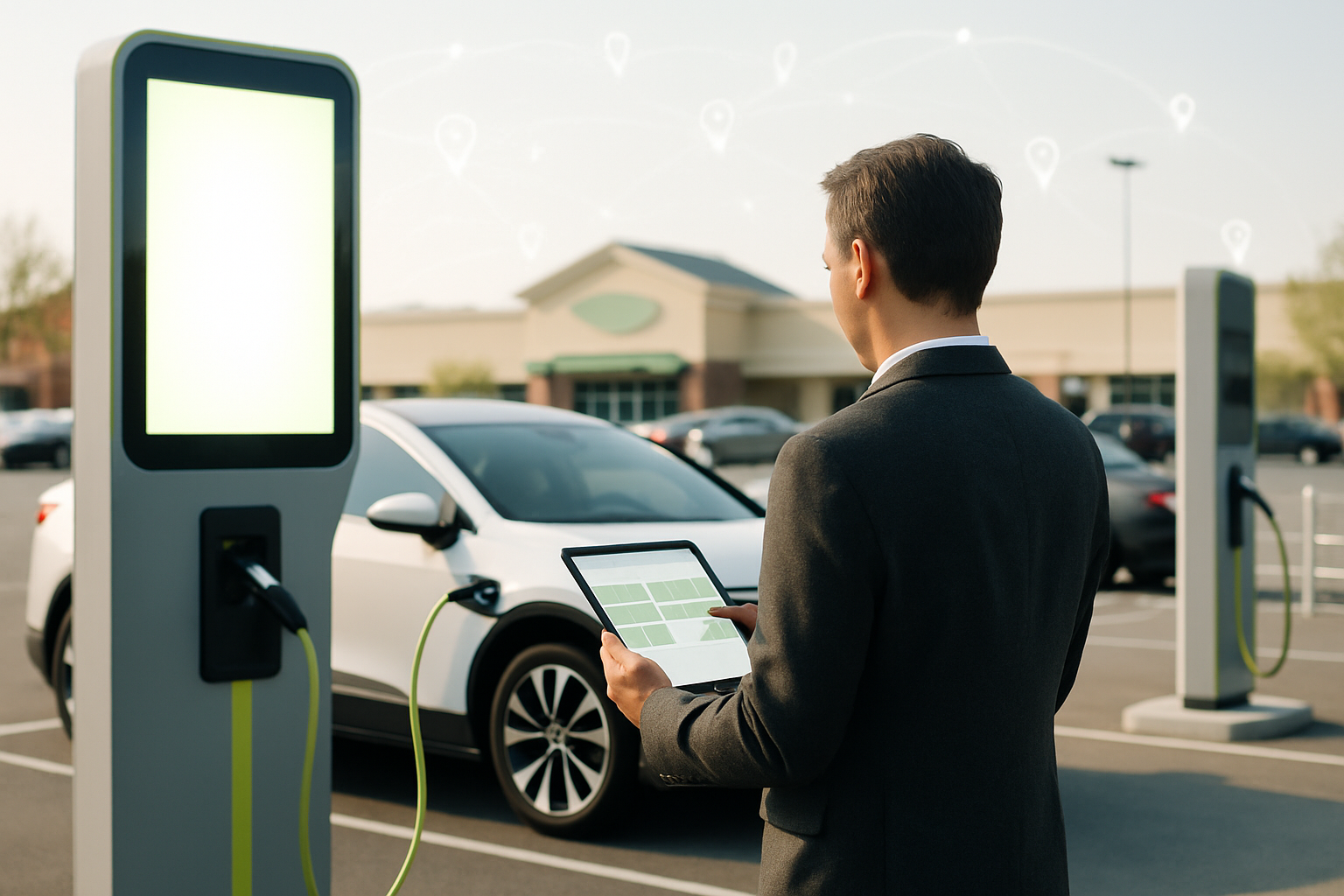 Media planner reviewing 2027 charger-screen inventory on a tablet beside an EV charging station advertising screen in a retail plaza parking lot
