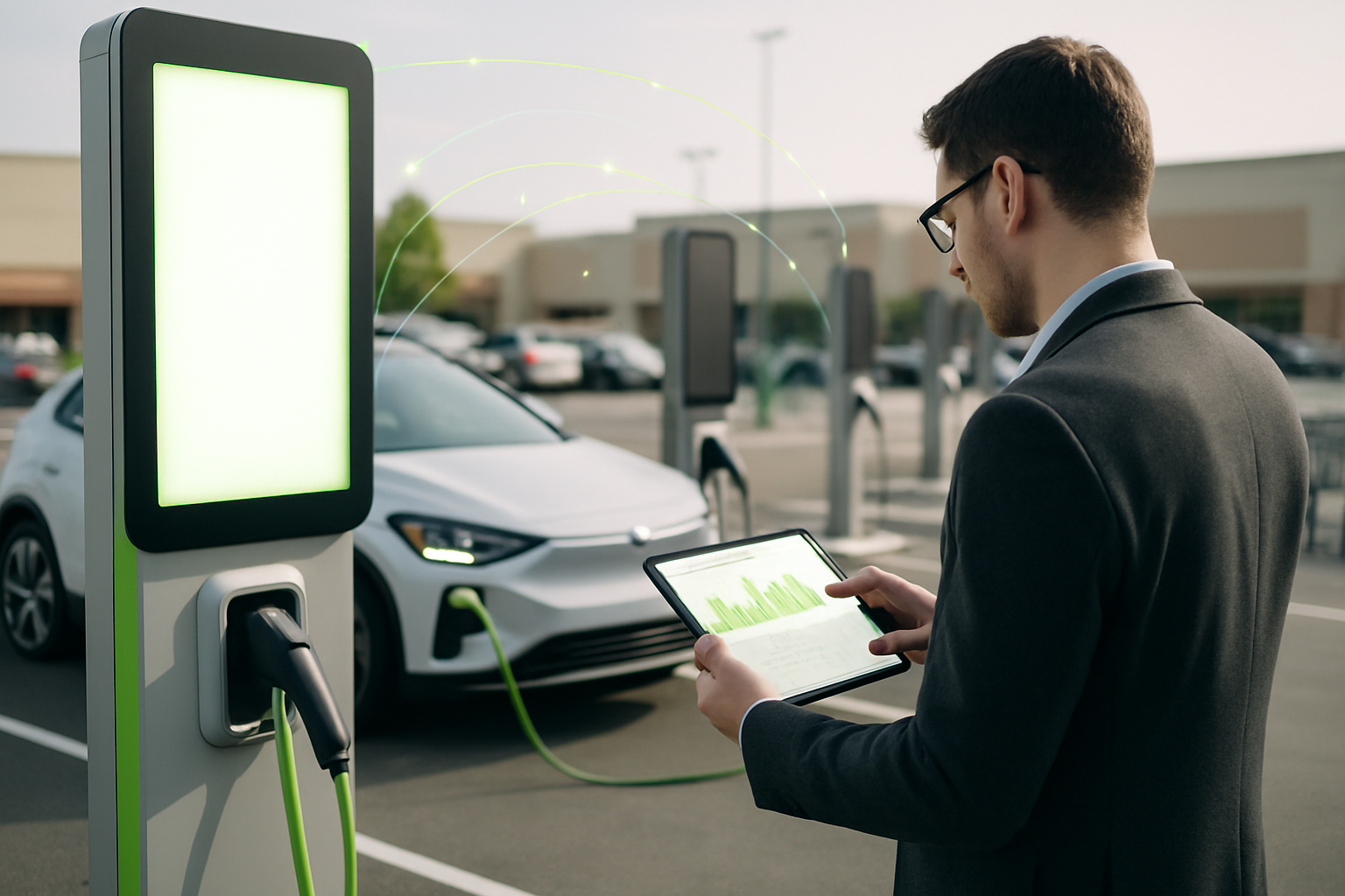 Media analyst reviewing monthly screen-health reporting on a tablet in front of EV charging station advertising screens in a grocery-anchored retail parking lot